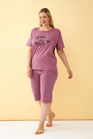 Moda Kadın Mürdüm “Make a Wish” Yazılı Büyük Beden Kapri Pijama Takımı
