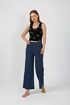 Moda Kadın Kalın Askılı Body Bol Paça Pantolon 2`li Takım Siyah