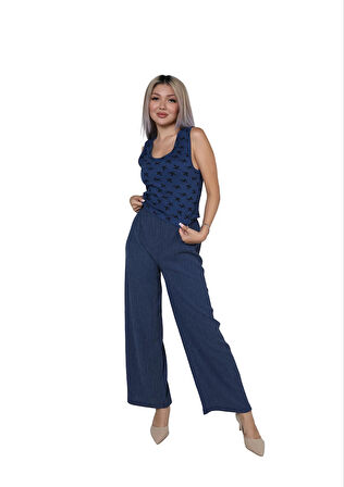 Moda Kadın Kalın Askılı Body Bol Paça Pantolon 2`li Takım Lacivert