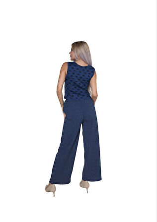 Moda Kadın Kalın Askılı Body Bol Paça Pantolon 2`li Takım Lacivert