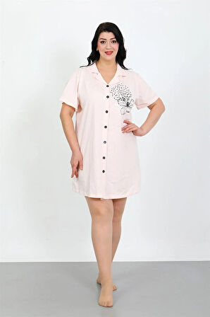 Moda Büyük Beden Penye Düğmeli Pudra Tunik Gecelik