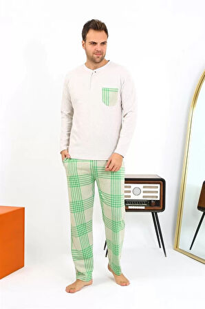 Moda Erkek Uzun Kol Penye Krem Pijama Takımı