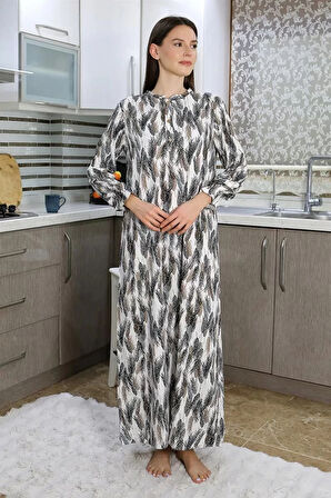 Moda Kadın Uzun Kol Penye Gecelik Ev Elbisesi Ekru