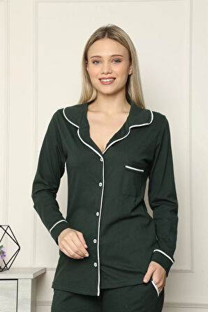 Moda Kadın %100 Pamuk Penye Önden Düğmeli Uzun Kol Pijama Takım Yeşil