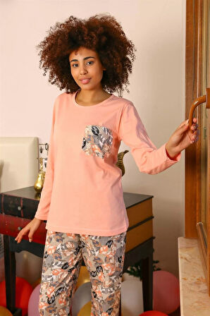 Moda Kadın Uzun Kol Penye Pijama Takım Yavruağzı