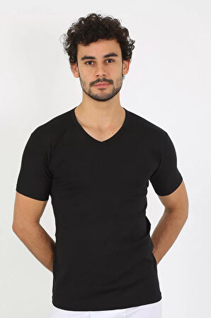Moda Erkek Likralı V Yaka Siyah T-Shirt