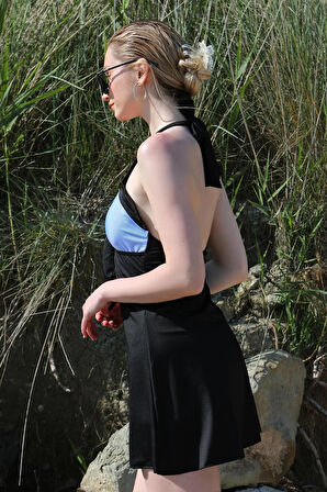 Moda Kadın Likralı Şortlu Fiyonklu Elbise Mayo Mavi