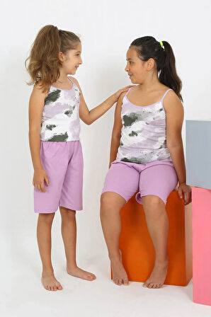 Moda Kız Çocuk İp Askılı Şortlu Penye Lila Pijama Takım
