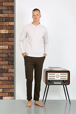 Moda Erkek Penye Uzun Kol Pijama Takımı Ekru