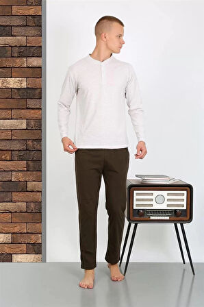 Moda Erkek Penye Uzun Kol Pijama Takımı Ekru