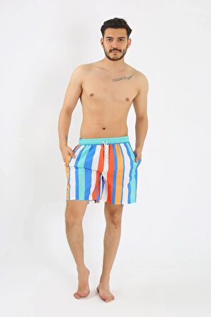 Moda Erkek Desenli Fermuar Cepli Deniz Şortu Mavi