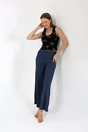 Moda Kadın Kalın Askılı Body Bol Paça Pantolon 2`li Takım Siyah