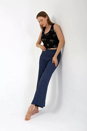 Moda Kadın Kalın Askılı Body Bol Paça Pantolon 2`li Takım Siyah