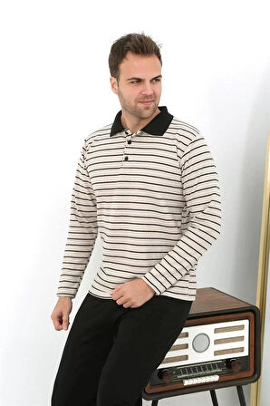 Moda Erkek Polo Yaka Uzun Kol Penye Pijama Takımı Krem