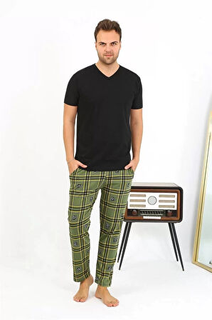 Moda Erkek Ekoseli Desen Penye Tek Alt Pijama Haki