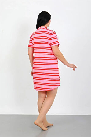 Moda Büyük Beden Penye Düğmeli Pembe Tunik Gecelik