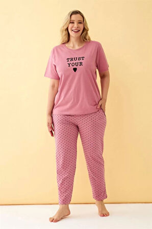 Moda Kadın Somon "Trust Your Heart" Yazılı Büyük Beden Pijama Takımı