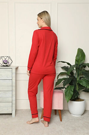 Moda Kadın %100 Pamuk Penye Önden Düğmeli Uzun Kol Pijama Takım Kırmızı