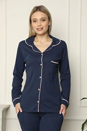 Moda Kadın %100 Pamuk Penye Önden Düğmeli Uzun Kol Pijama Takım Lacivert