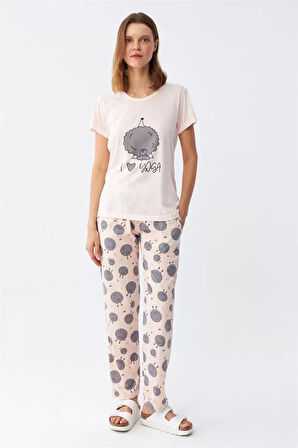 Moda Kadın Kısa Kol Pijama Takım Pudra