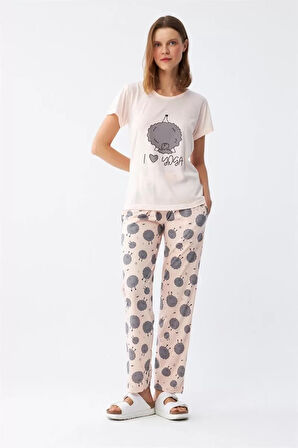 Moda Kadın Kısa Kol Pijama Takım Pudra