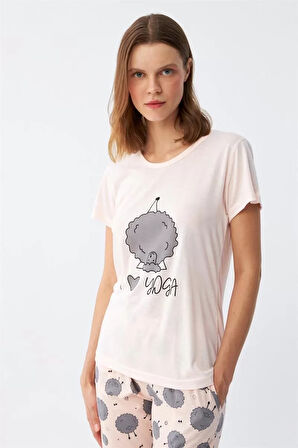 Moda Kadın Kısa Kol Pijama Takım Pudra