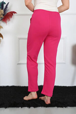 Moda Kadın Pamuk Cepli 3 İplik Alt Eşofman Fuşya