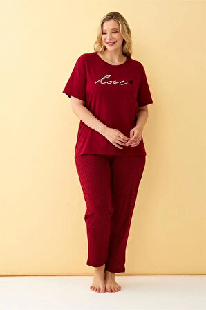Moda Kadın Bordo Love Yazılı Büyük Beden Pijama Takımı
