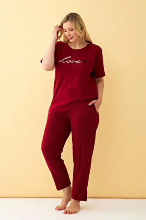 Moda Kadın Bordo Love Yazılı Büyük Beden Pijama Takımı