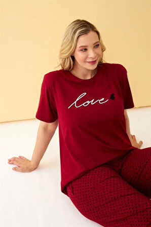 Moda Kadın Bordo Love Yazılı Büyük Beden Pijama Takımı