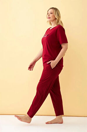 Moda Kadın Bordo Love Yazılı Büyük Beden Pijama Takımı
