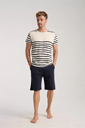 Moda Erkek Krem Sıfır Yaka Kısa Kol Şortlu Pijama Takımı