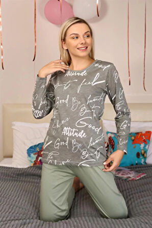 Moda Kadın Uzun Kol Penye Pijama Takım Füme