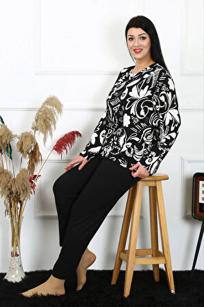 Moda Kadın Büyük Beden Penye Uzun Kol Pijama Takım