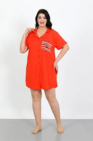 Moda Büyük Beden Penye Düğmeli Nar Çiçeği Tunik Gecelik