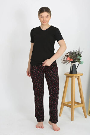 Moda Kadın Kısa Kol Pamuk Penye Pijama Takım Siyah