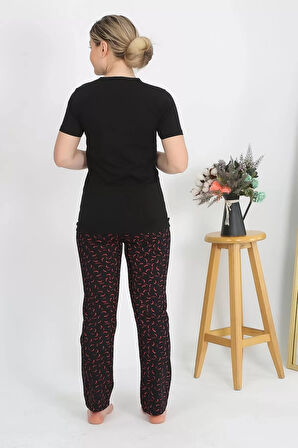 Moda Kadın Kısa Kol Pamuk Penye Pijama Takım Siyah