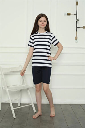 Moda Kız Çocuk Penye Şortlu Pijama Takım Lacivert