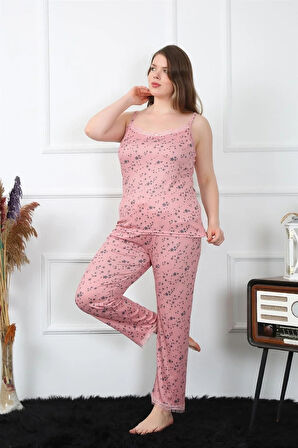Moda Kadın Büyük Beden Somon İp Askılı Pijama Takım