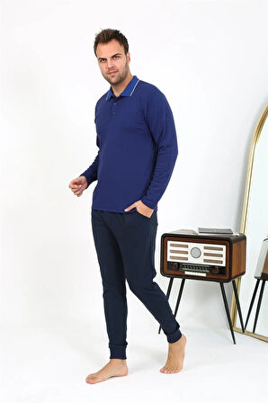 Moda Erkek Polo Yaka Uzun Kol Penye Pijama Takımı Lacivert