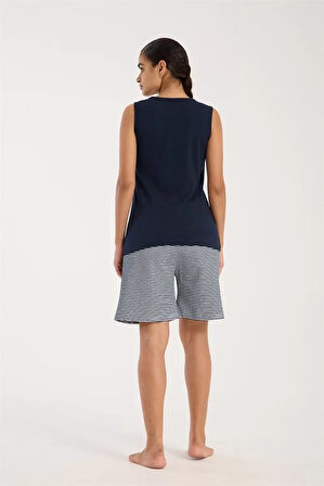 Moda Kadın Lacivert Kurdele Detaylı Çizgili Şortlu Pijama Takımı