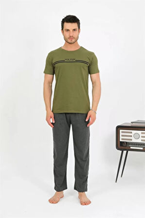 Moda Erkek Pamuk Kısa Kol Pijama Takım Haki