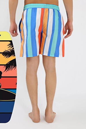 Moda Erkek Desenli Fermuar Cepli Deniz Şortu Mavi