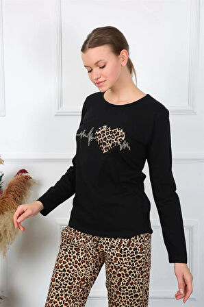 Moda Kadın Penye Uzun Kol Pijama Takım Siyah