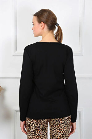 Moda Kadın Penye Uzun Kol Pijama Takım Siyah