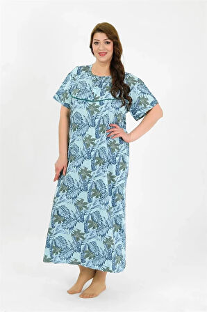 Moda Kadın Büyük Beden Kısa Kol Mavi Anne Gecelik