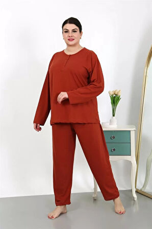 Moda Kadın Büyük Beden Uzun Kol Penye Pijama Takımı Kiremit