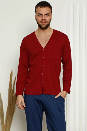 Moda Erkek %100 Pamuk Önden Düğmeli Cepli Uzun Kollu Pijama Takımı Kırmızı