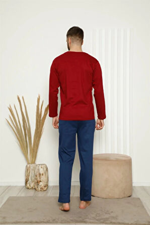 Moda Erkek %100 Pamuk Önden Düğmeli Cepli Uzun Kollu Pijama Takımı Kırmızı