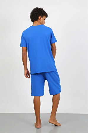 Moda Erkek Pamuk Lakost Alt Üst Kaprili Pijama Takım Saks